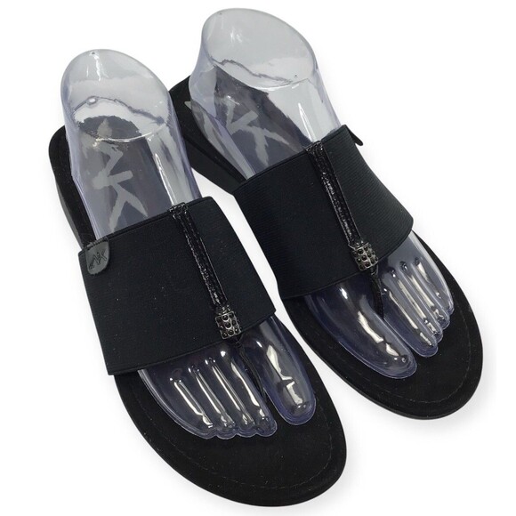 Anne Klein Sandals Women's 10M Slide Slip On Black Toe Patent Leather Trim - Picture 1 of 16